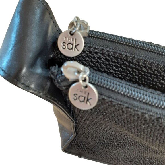 The Sak Crochet Knit Black Leather Purse Crossbody Hippie Hobo Chic Boho - Picture 6 of 6